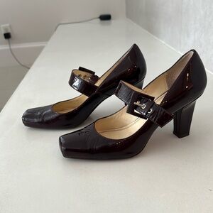 Franco Sarto patent burgundy maryjane heels.